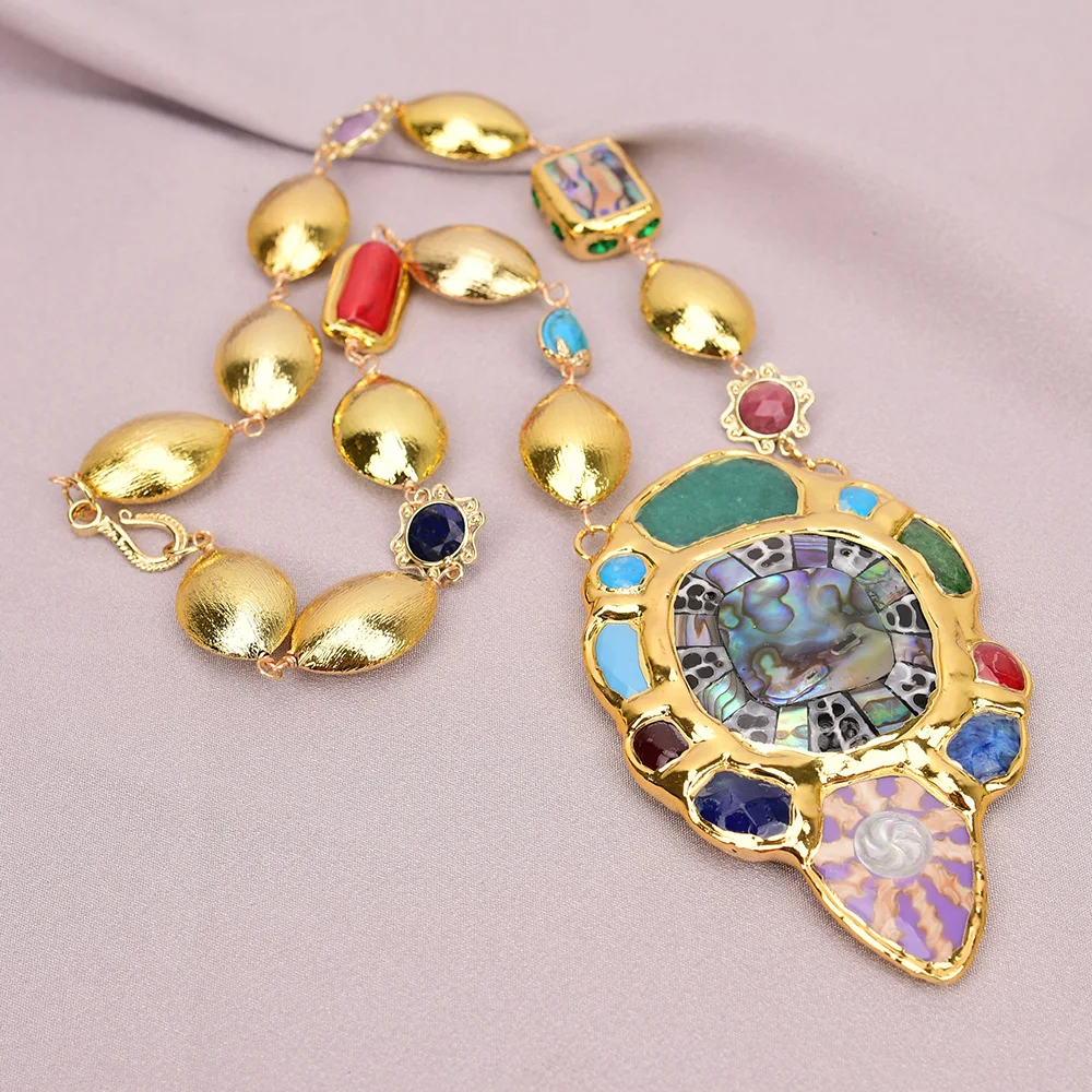 

G-G 21" Natural Mix Stone Red Coral Oval Brushed Beads Necklace Multi Agate Jade Turquoise Abalone Shell Pendant