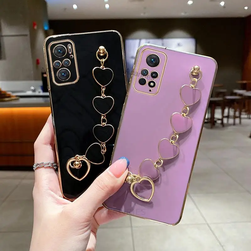 Luxury Plating Love Heart Bracelet Chain Case For Xiaomi Redmi Note 11 10 s Pro Plus 5G 2022 Band Cover On Note11 11s Note10 10s