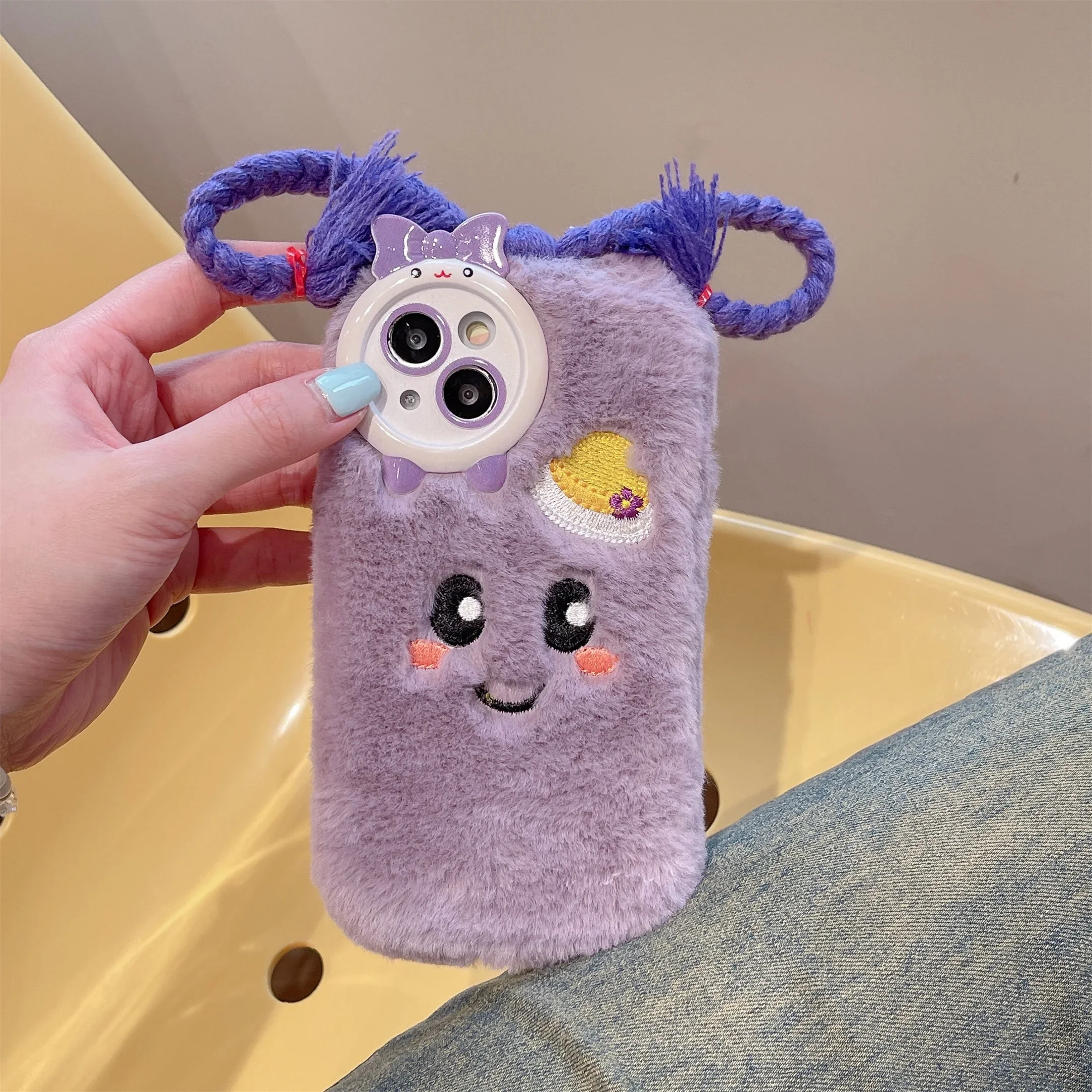 เคสโทรศัพท์ถักเปียสีม่วงน่ารักสำหรับ IPhone16 15 14 13 11 12 Pro สูงสุดขนเฟอร์อบอุ่นกันกระแทกฝาครอบป้องกันการตก