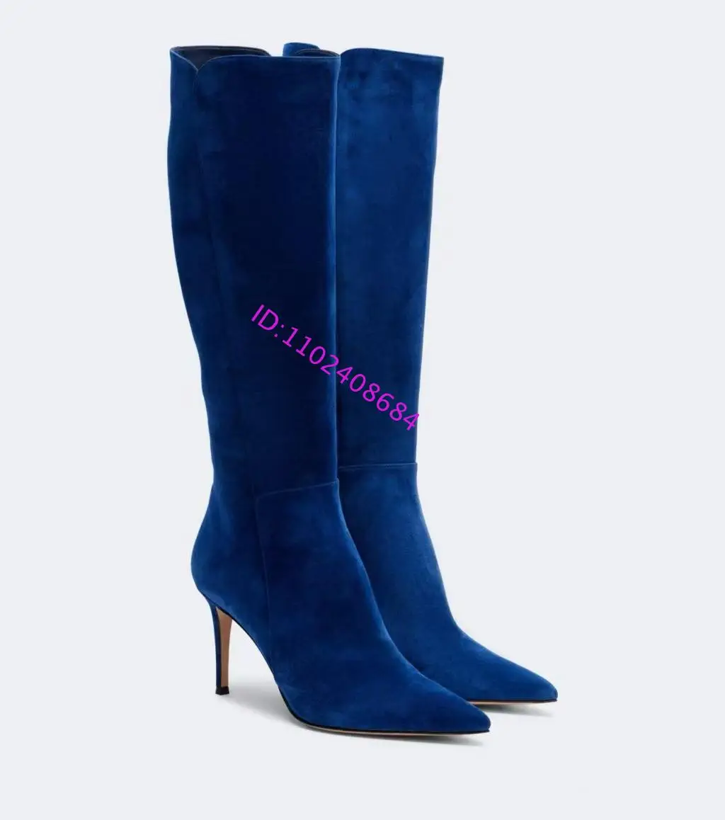 Designer Women High Heel Pointed Toe King Blue Suede Leather Knee Long Boots Elegant Lady Pointed Toe High Heel Suede Knee Boots