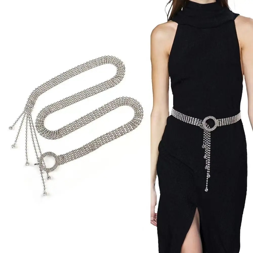 Sparkle Crystal Waist Belt Silver Color Adjustable Chain Full Diamond Belt Flower Buckle/O-Ring Full Crystal Corset Belt