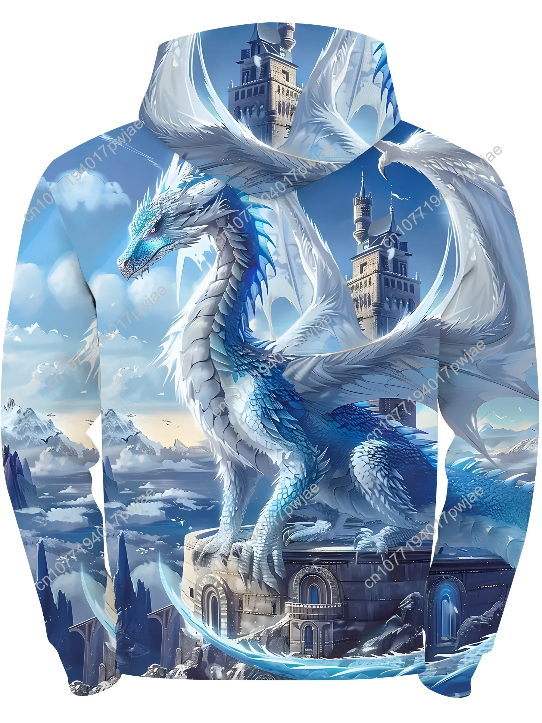 Felpa con cappuccio da uomo con stampa drago fantasy 1 pezzo, giacca casual in poliestere con leggermente elasticizzato, tessuto lavorato a maglia con motivo animale, colletto con cappuccio, Z