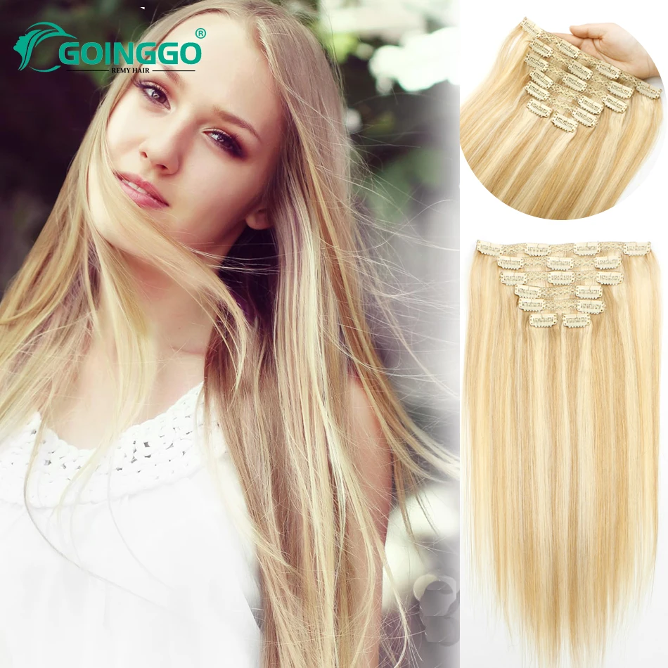 Straight Clip In Hair Extensions Human Hair Highlight Dirty Blonde Platinum Blonde Clip Ins Hair 7Pcs/Set 100g Full Head Clips