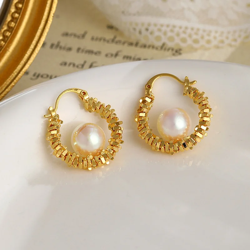 Elegant Broken Silver Pearls Circle Ear Buckle For Women Vintage Twisted Metal Geometric Hoop Earrings Wedding Jewelry Gifts