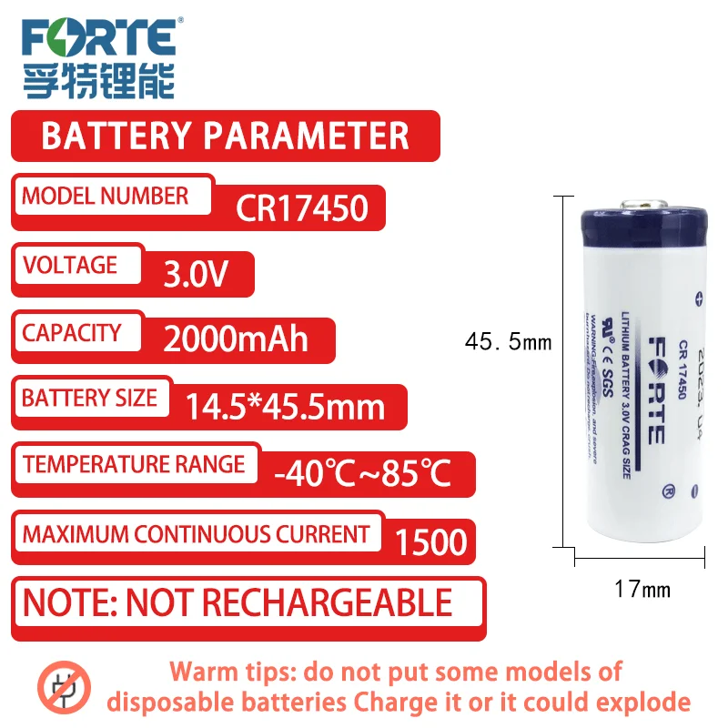 Forte CR17450 3V Intelligent Water Meter PLC Industrial Control Equipment Flowmeter Lithium Battery Pack Not Rechargeable