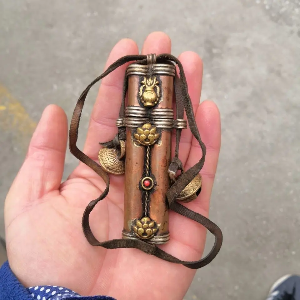 Chinese Nepalese hand-carved copper exquisite Tibetan Eight Treasures portable incense cylinder hanging chain