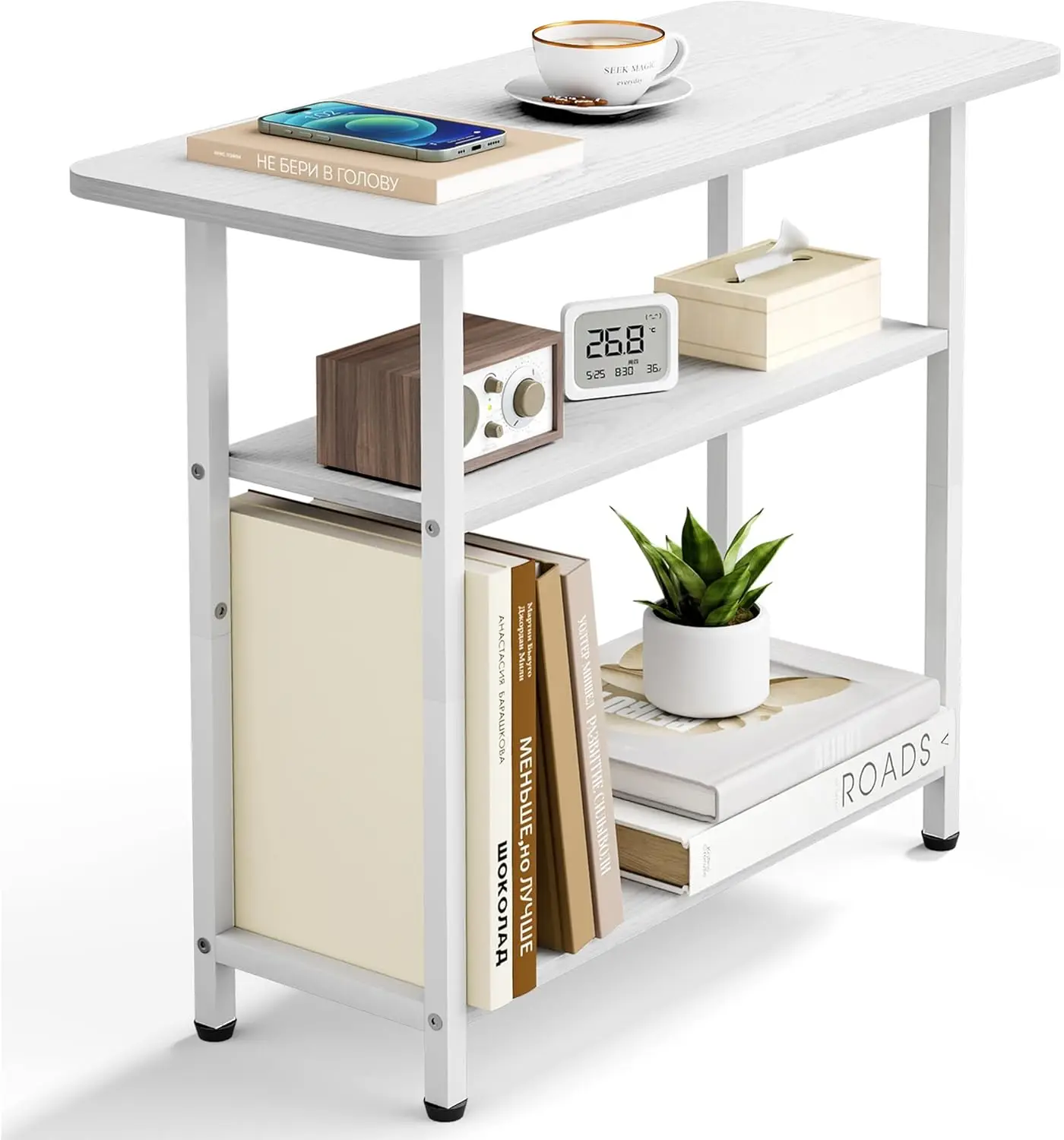 

Side Table for Living Room, 3-Tier End Table for Small Space with Wide Storage Tabletop, Elegant White Narrow Nightstand for