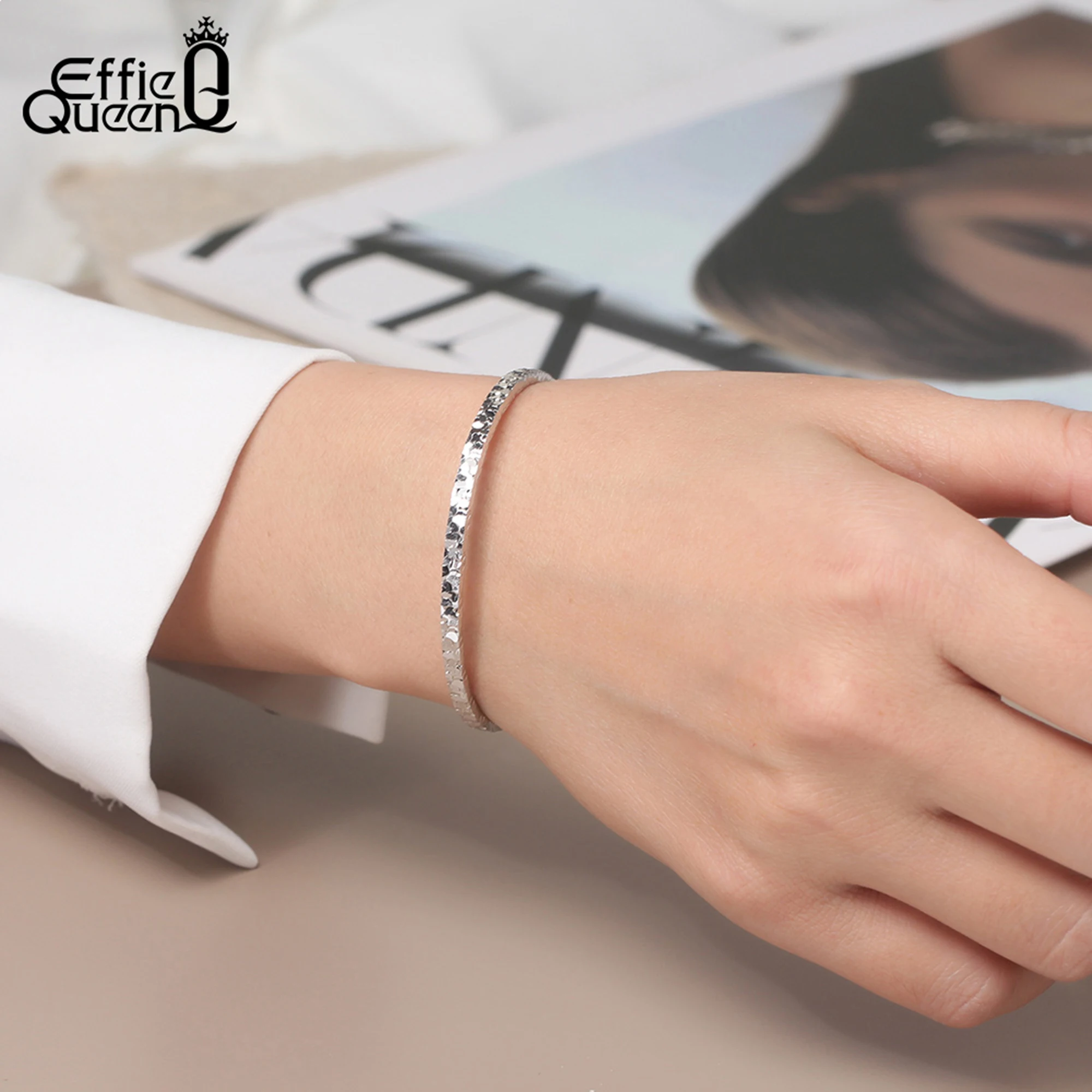 

EFFIE QUEEN 925 Sterling Silver Hand-Hammered Bangle with Unique Texture Two Size 55mm/65mm Inner Diameter Classy Polished APB05