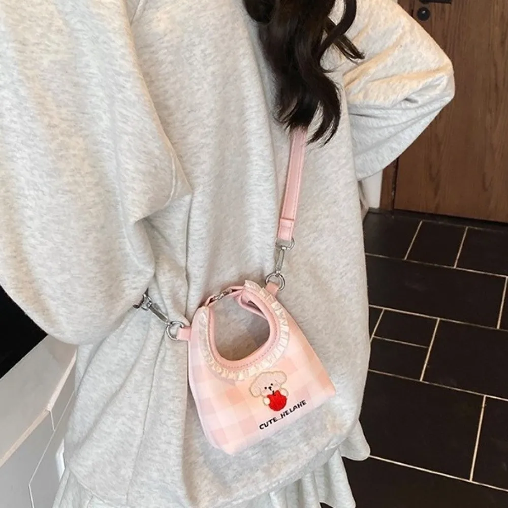

Portable Embroidery Dog Shoulder Bag Grid Cartoon PU Crossbody Bag Korean Style Solid Color Crescent Handbags Children