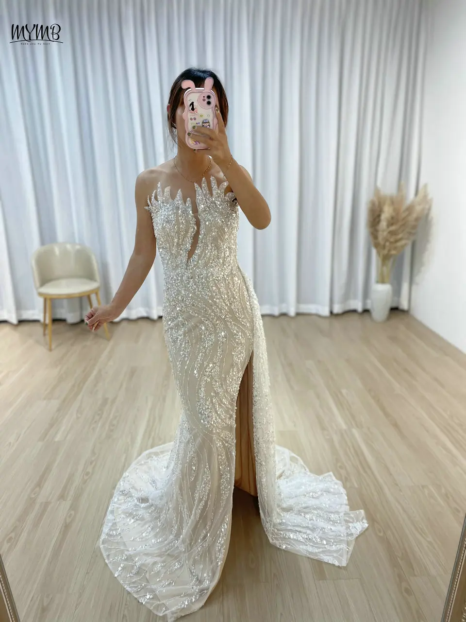MYMB 신상 독점 화이트 스트랩리스 튤 롱 웨딩 파티 드레스 아랍 럭셔리 비즈 장식 머메이드 슬릿 프롬 파티 가운 (여성용)