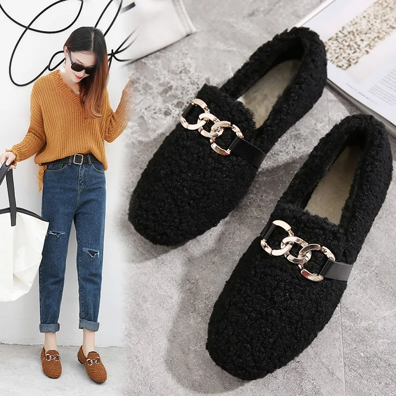 

Brand Women's Furry Wool Loafers Winter Shearling Flats Female Warm Fashion Cotton Shoes Winter Antiskid Sheep Fur Moccasins