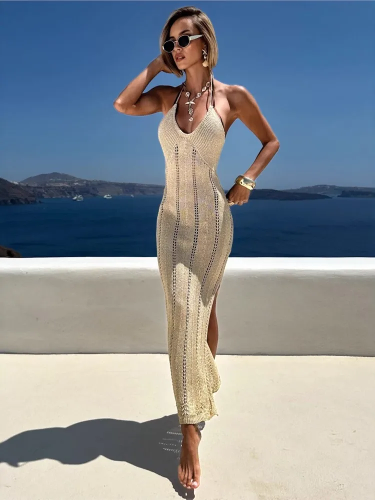 Robe de plage longue en tricot pour femmes, Sexy, ajourée, décolleté en v profond, sans manches, Cover-Up pour Bikini, dos nu, robe de vacances, automne, 2026