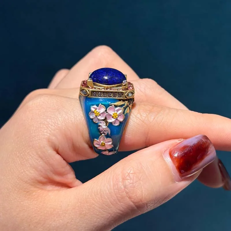 Vintage Square Red Blue Rhinestone Flower Rings - Image 6