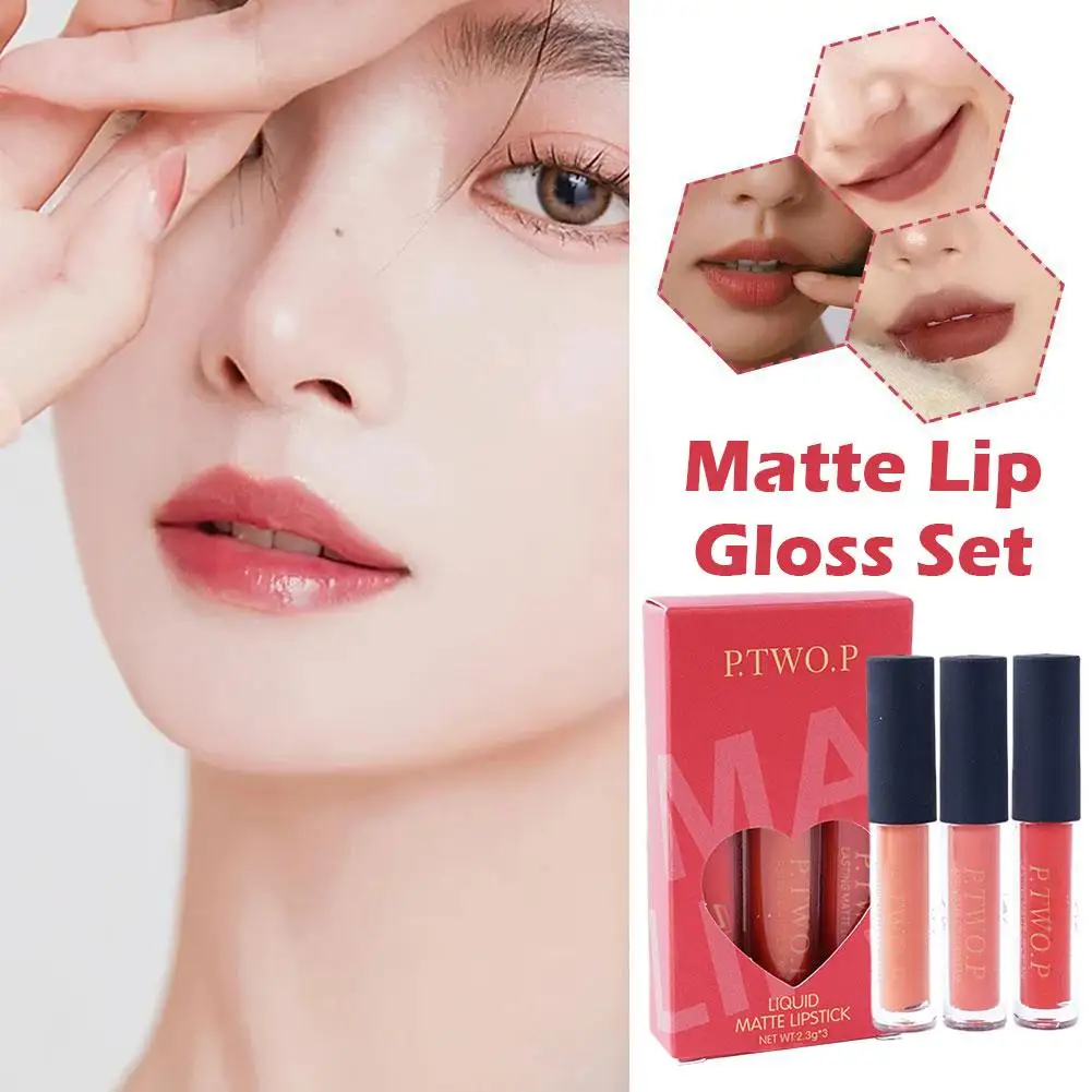 P.tw o.p 3pc Long Lasting Liquid Matte Lip Gloss Liquid Lip Lipstick antiaderente Gloss Cup Lip Makeup Red Waterproof Beauty G0m0