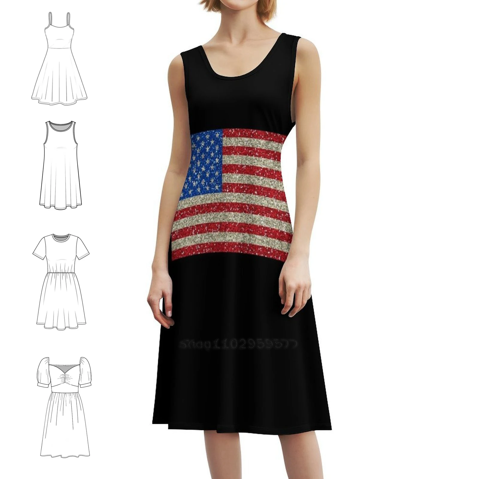 Bandeira americana bandeira eua patriot glitter estados unidos boêmio vestido sem mangas multi-impressão praia férias vestido de festa americano