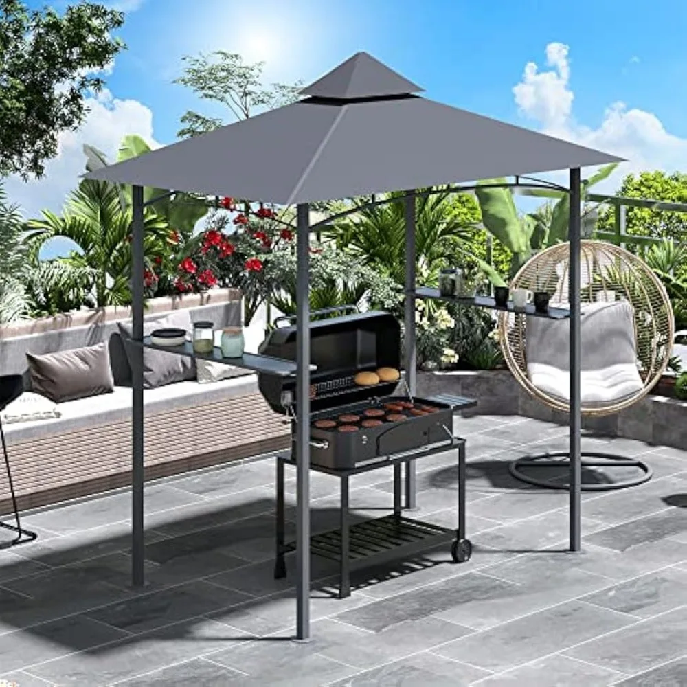 8' x 5' Hardtop Grill Gazebo with Double Roof, Outdoor BBQ Gazebo with 2 Side Shelves, Steel Grill Tent Canopy for Patio Yard G