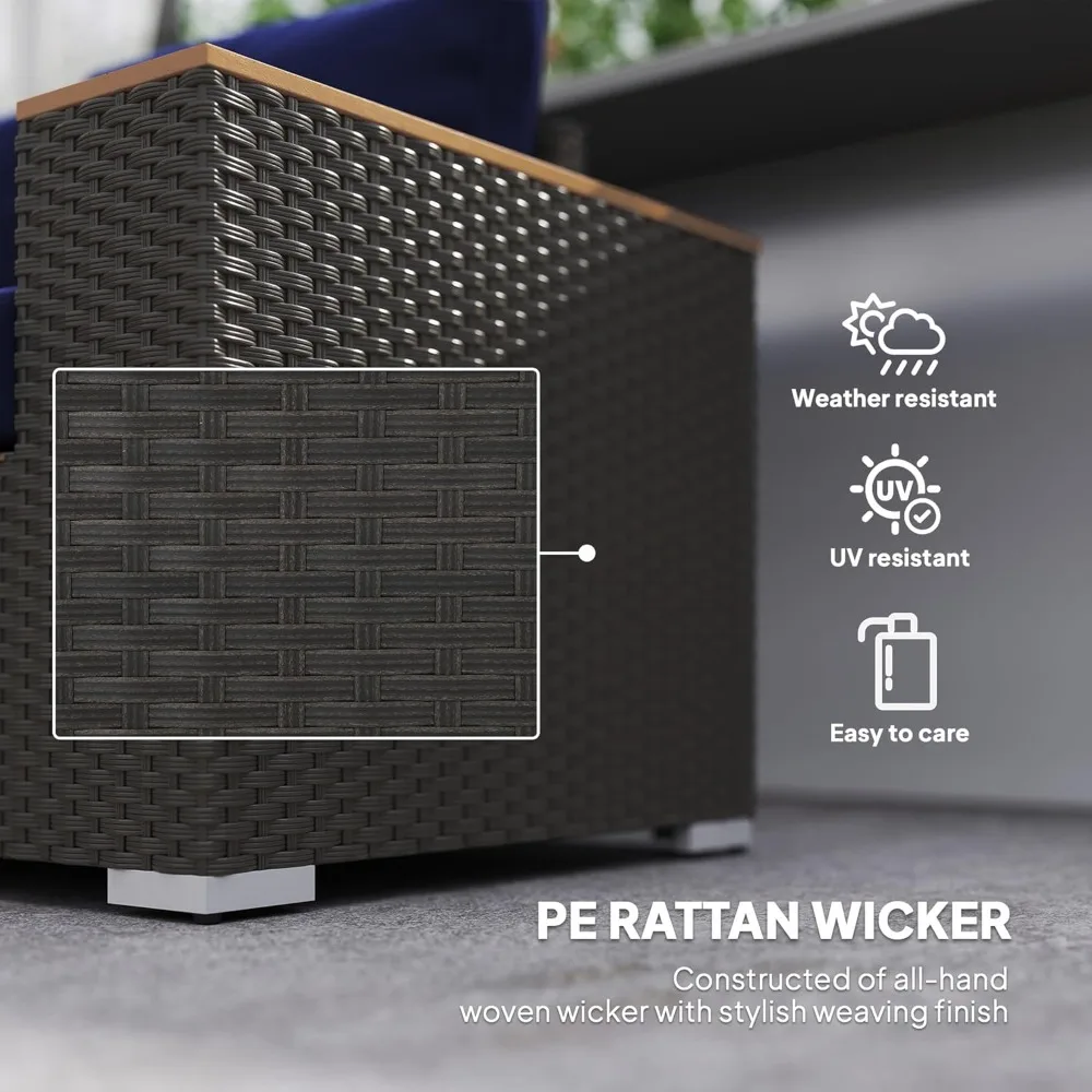 أريكة فناء خارجية بثلاثة مقاعد مع وسائد، أريكة من الخيزران من البولي إيثيلين مع مساند للذراعين واسعة من الخشب والحبوب، أريكة من الخيزران في الهواء الطلق للشرفة، G #5