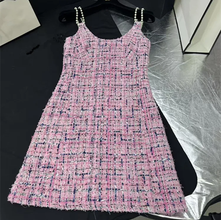 

Customization European women's clothing summer new styles 2026 Beaded halter top Sleeveless pink tweed dress
