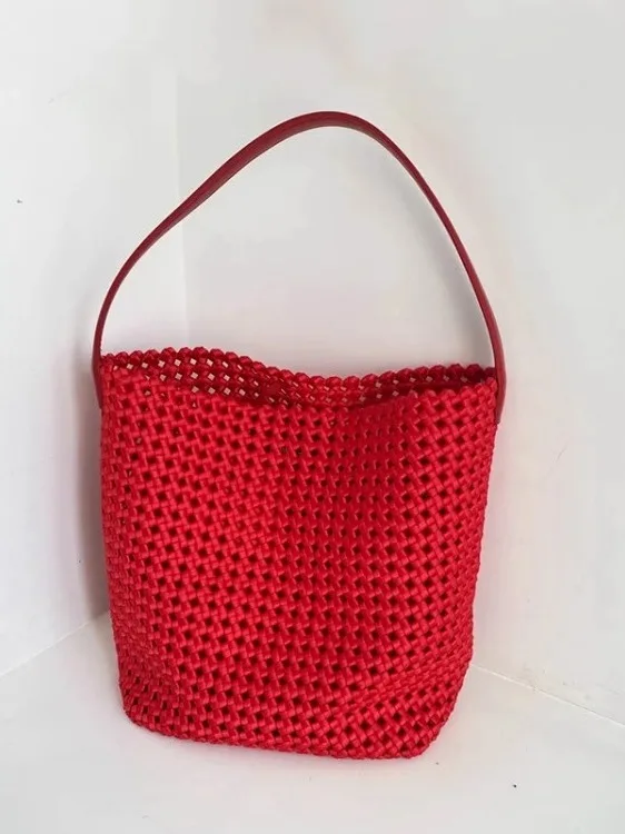 

Red Handwoven Large Capaci Tote Bag Hollow Nylon Casual Versatile Windmill Knot Handheld Single oulder Bag for Women