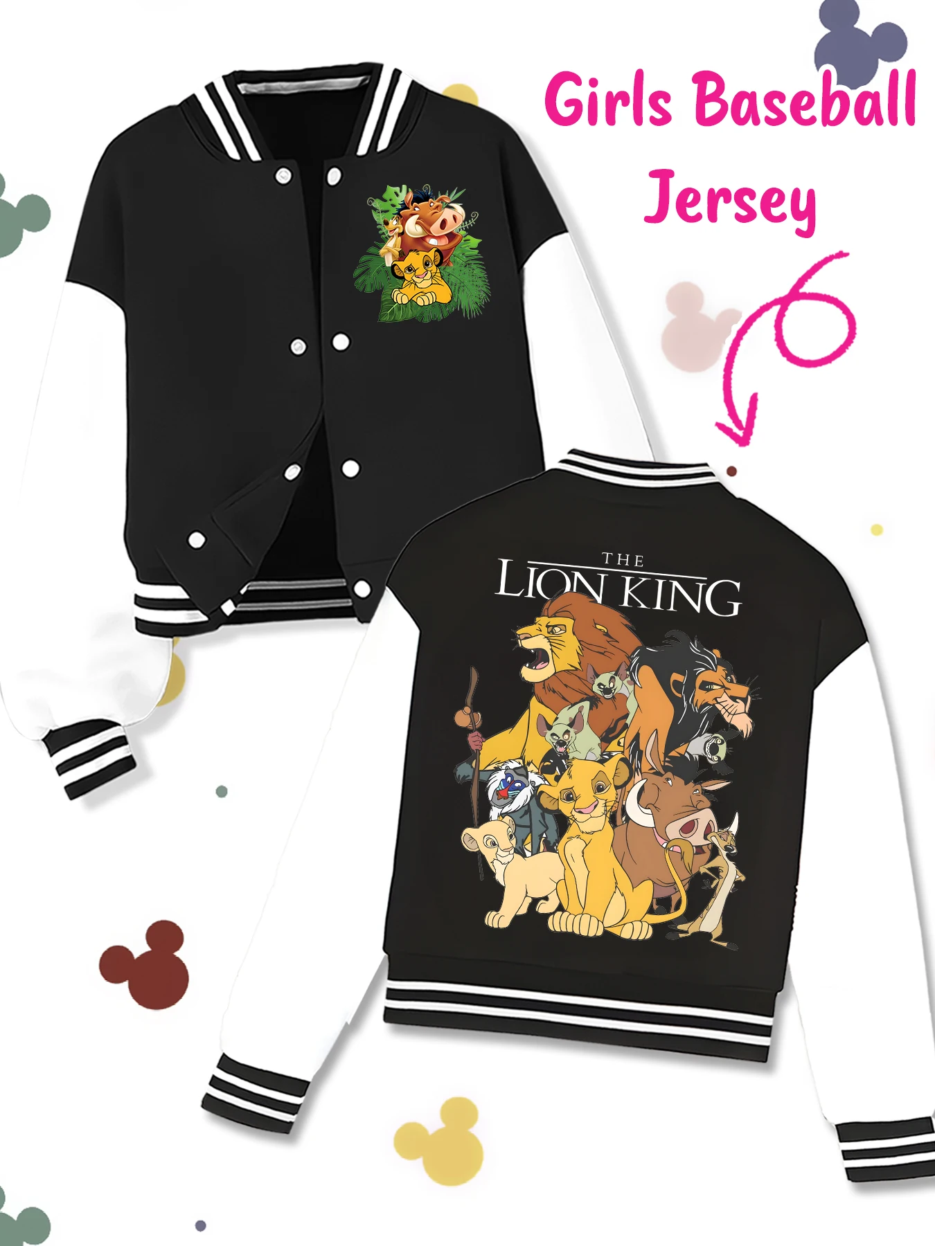 

Disney fashion trend baseball jacket, suitable for daily sports and casual wear, printed with cute Simba pattern, nice gift.