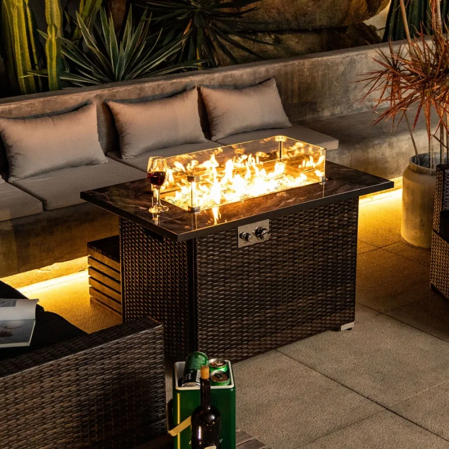 

44inch Outdoor Fire Pit Table for patio use, ceramic tabletop, black, weather-resistant propane fire table with adjustable flam