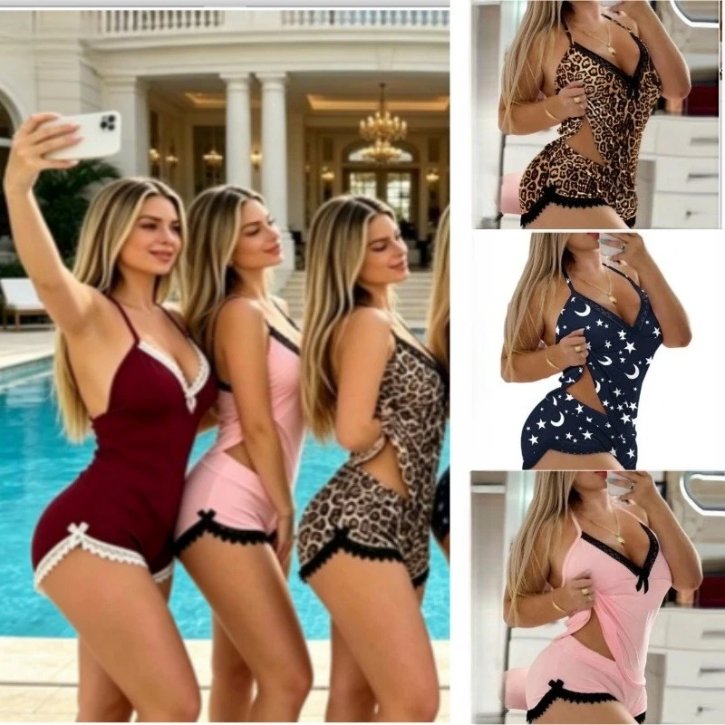Summer Casual Loungewear Sleeveless Women's Suit Lace Lace Suspender Shorts Pajamas