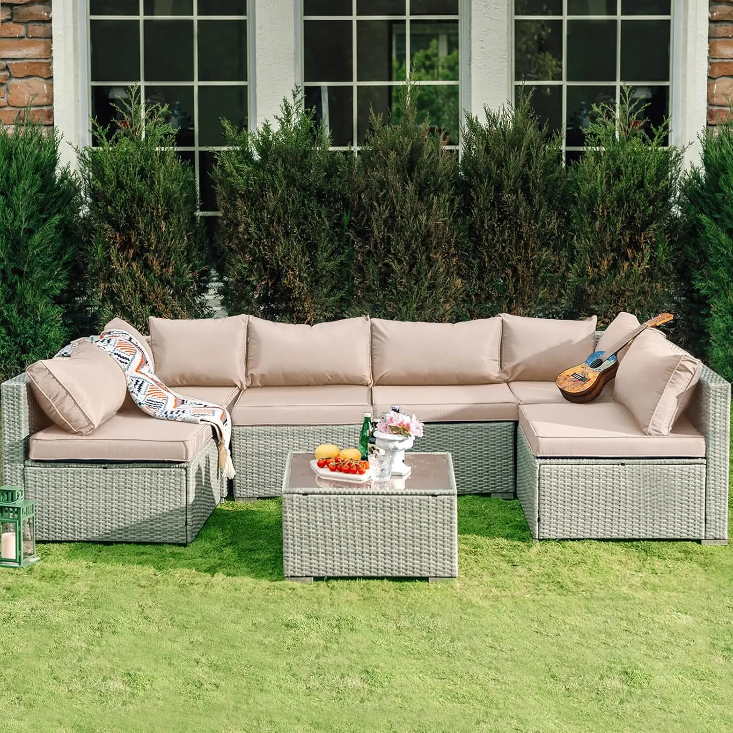 

Skyfish 7 Pieces Patio Furniture Set - Outdoor Sectional Wicker Rattan Furniture with Cushion and Glass Table Patio Conversation