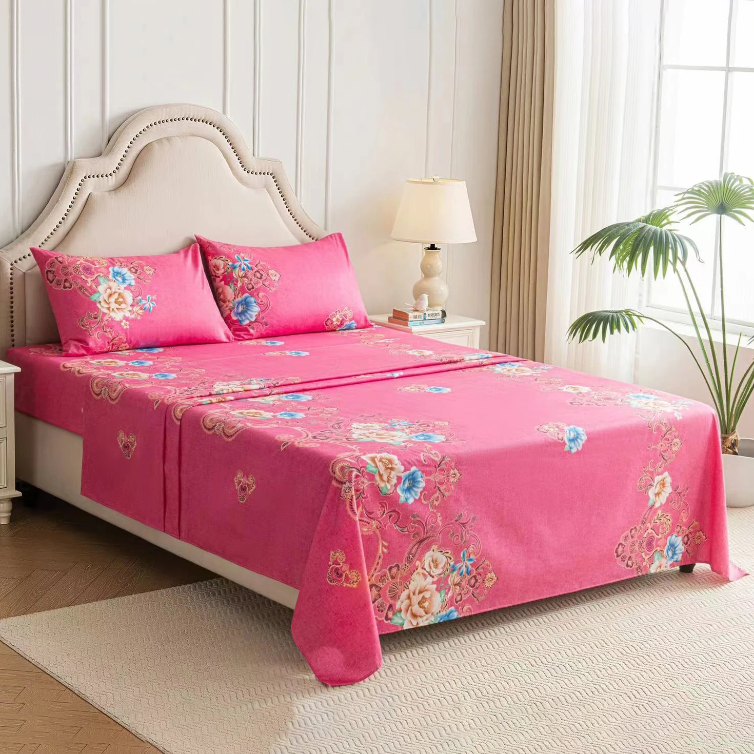 ملاءات قطنية ببطانة وأغطية وملاءة ، سرير فاخر في غرفة نوم ، حقيبة لجميع المواسم ، كينج أند كوين ، 4 line