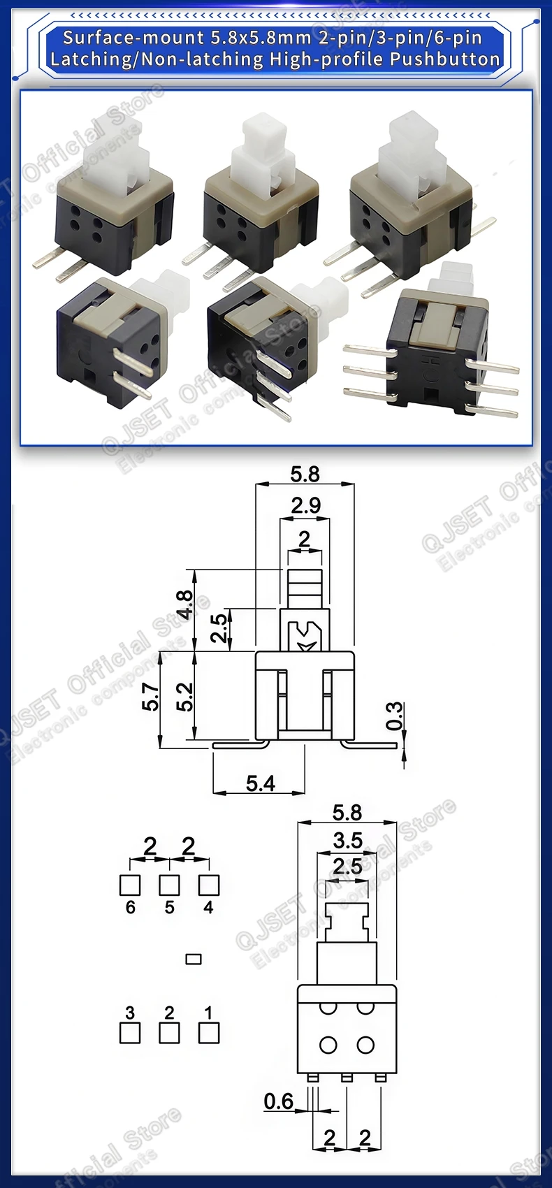 10 Stück 5,8x5,8 7x7 8x8 8,5x8,5mm Selbstverriegelnde/Nicht-verriegelnde Reset-/Multimeter-Taster, Taktiler Mikroschalter, 3/6-Pin Drucktastenschalter – Detail 9