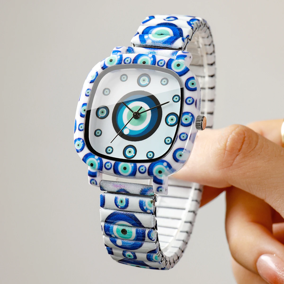 Fashion Blue Evil Eye Square Women's Quartz Watch Elastic Strap Wristwatches Relogio Feminino（Without Box） image 4