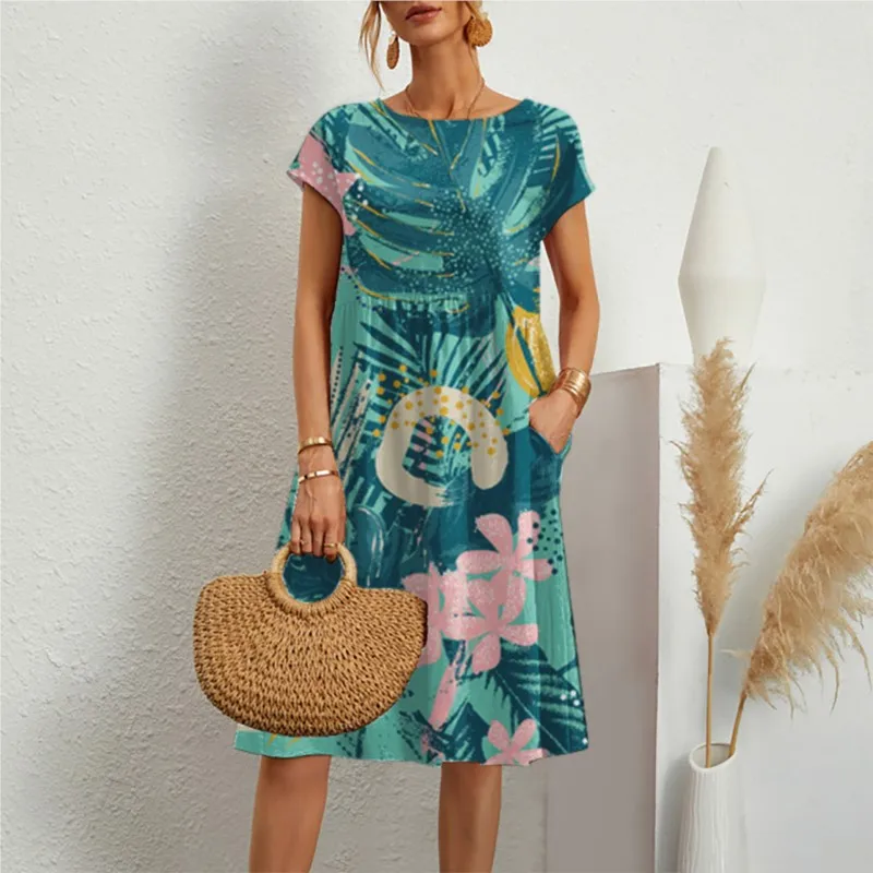 Abito estivo da donna casual stampato floreale quotidiano Moda manica corta girocollo Abiti larghi Boho Beach Swing Holiday Sundress
