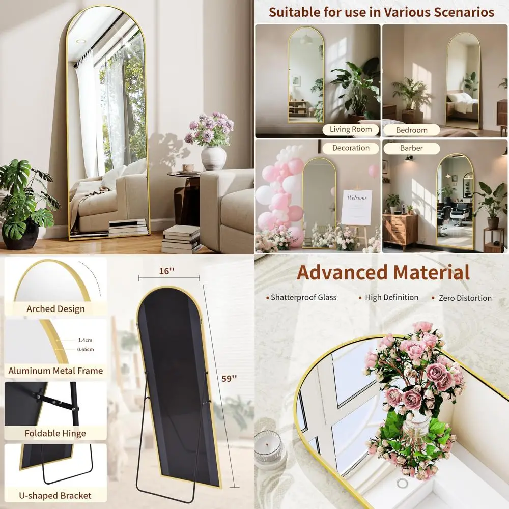 Espejo de piso arqueado de longitud completa con marco de aluminio, espejo colgado o montado en la pared de 59 "x 16" para decoración del hogar y moda