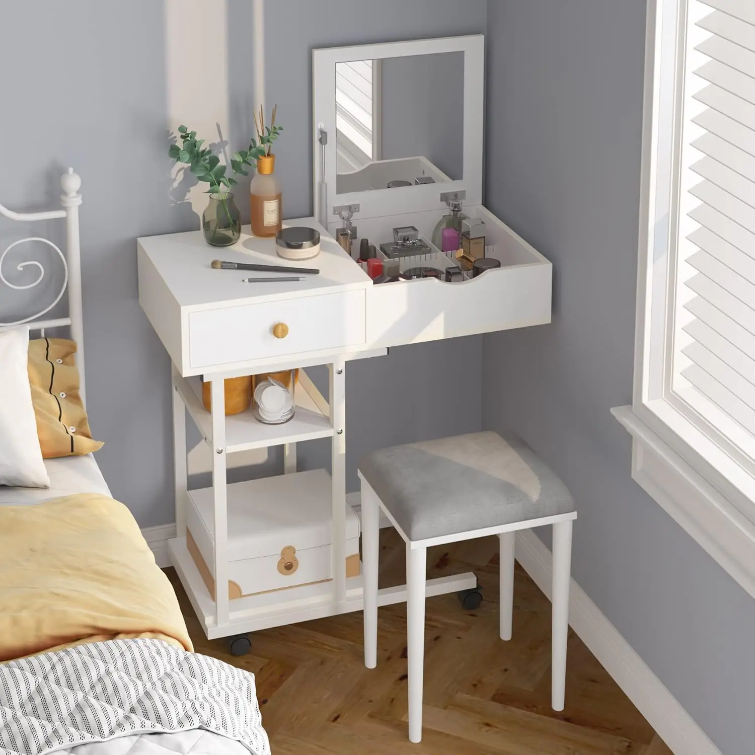 

Moveable Vanity Desk with Mirror for Small Spaces, Makeup Dressing Table Computer Desk with Drawers and Shelves for Bedroom