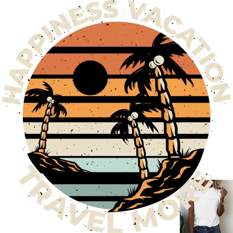 Retro Vacation Coconut Tree Sunset Heat Transfer White Ink Iron - on, Suitable for T - shirts/Canvas Bags, Versatile for Casual