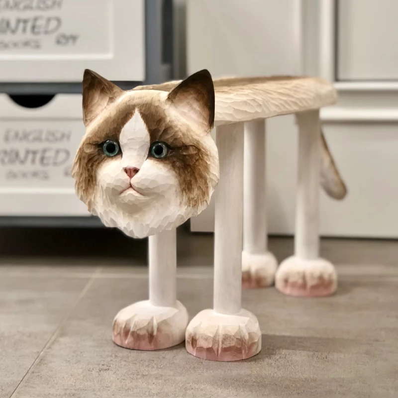 

Solid wood hand-carved medium Ragdoll cat cartoon cute European children's stool shoe changing stool