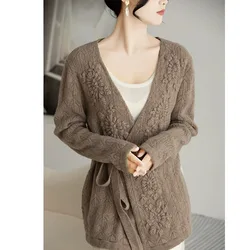 Long belt knitted cashmere cardigan women's autumn/winter embroidered V-neck lazy loose sweater slimming coat