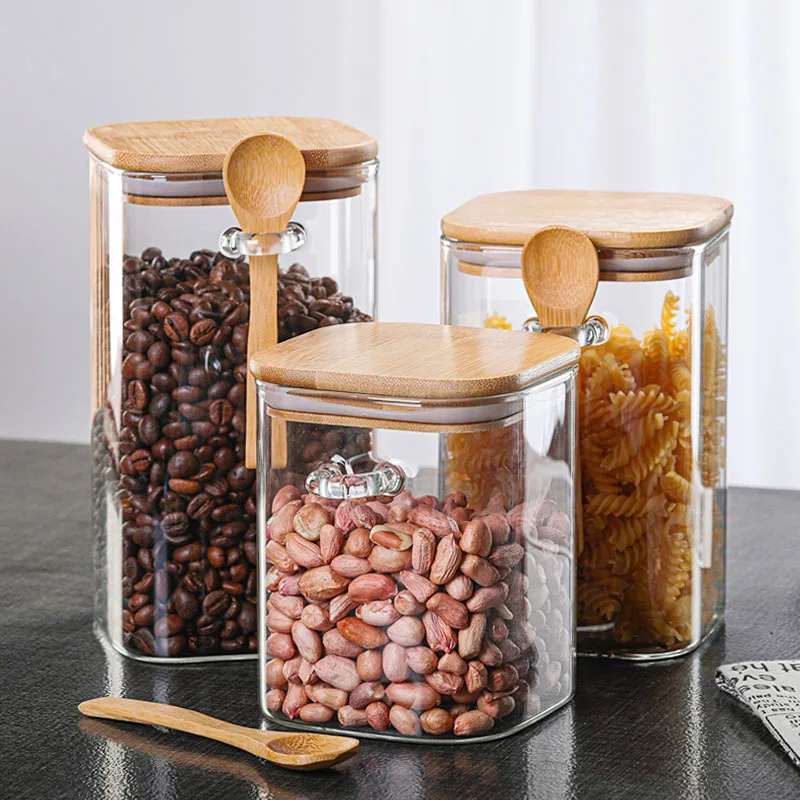 

Glass Jars with Airtight Bamboo Lids - Clear Glass Pantry Storage Containers Small Square Canister Set for Kitchen Spices