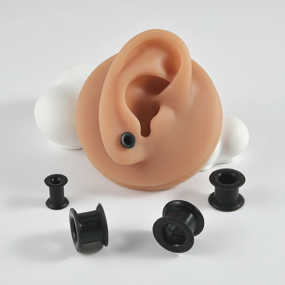 PAIR- Black Silicone Flexible Ear Plugs Tunnels Large Size Double Flared Expander Hollow Ear Gauges Ear Lobe Expander Piercing