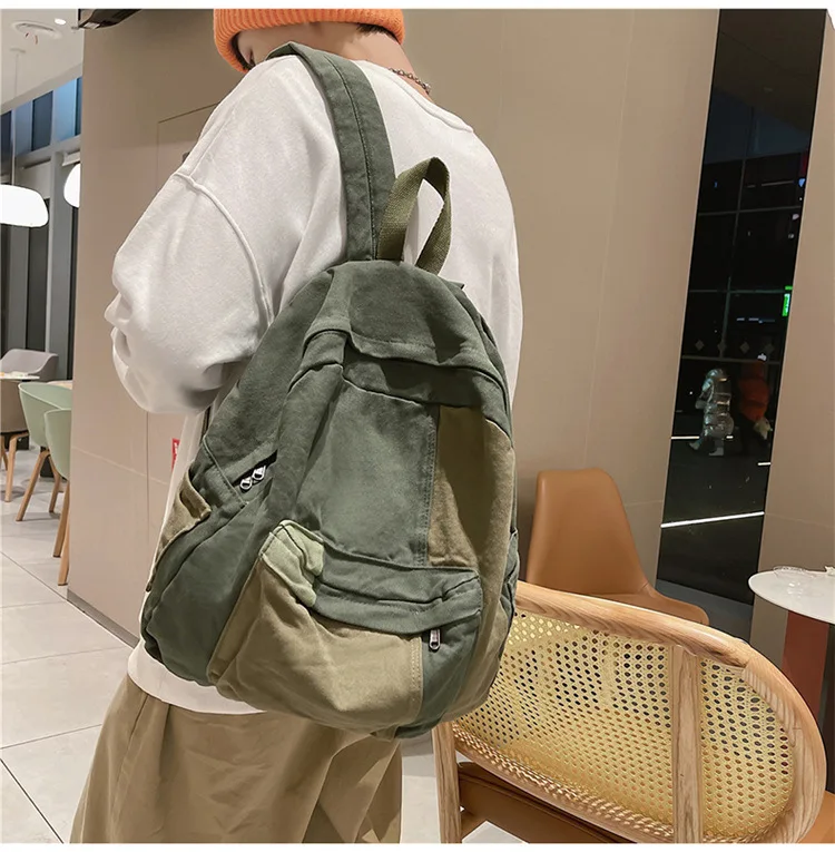 Contrast Color Block Canvas Backpack Large Capacity Casual School Travel Rucksack for Student Daily Use