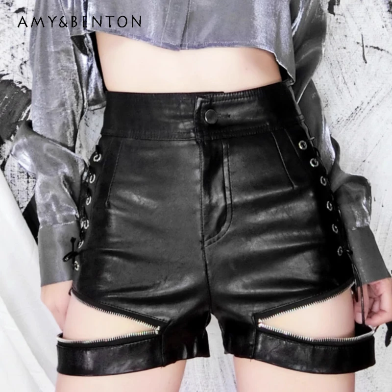 2025 Spring Summer Fashion Strap Zipper Women's Hot Pants Black PU Leather High Waist A-line Thin Wide Leg Leather Shorts Ladies
