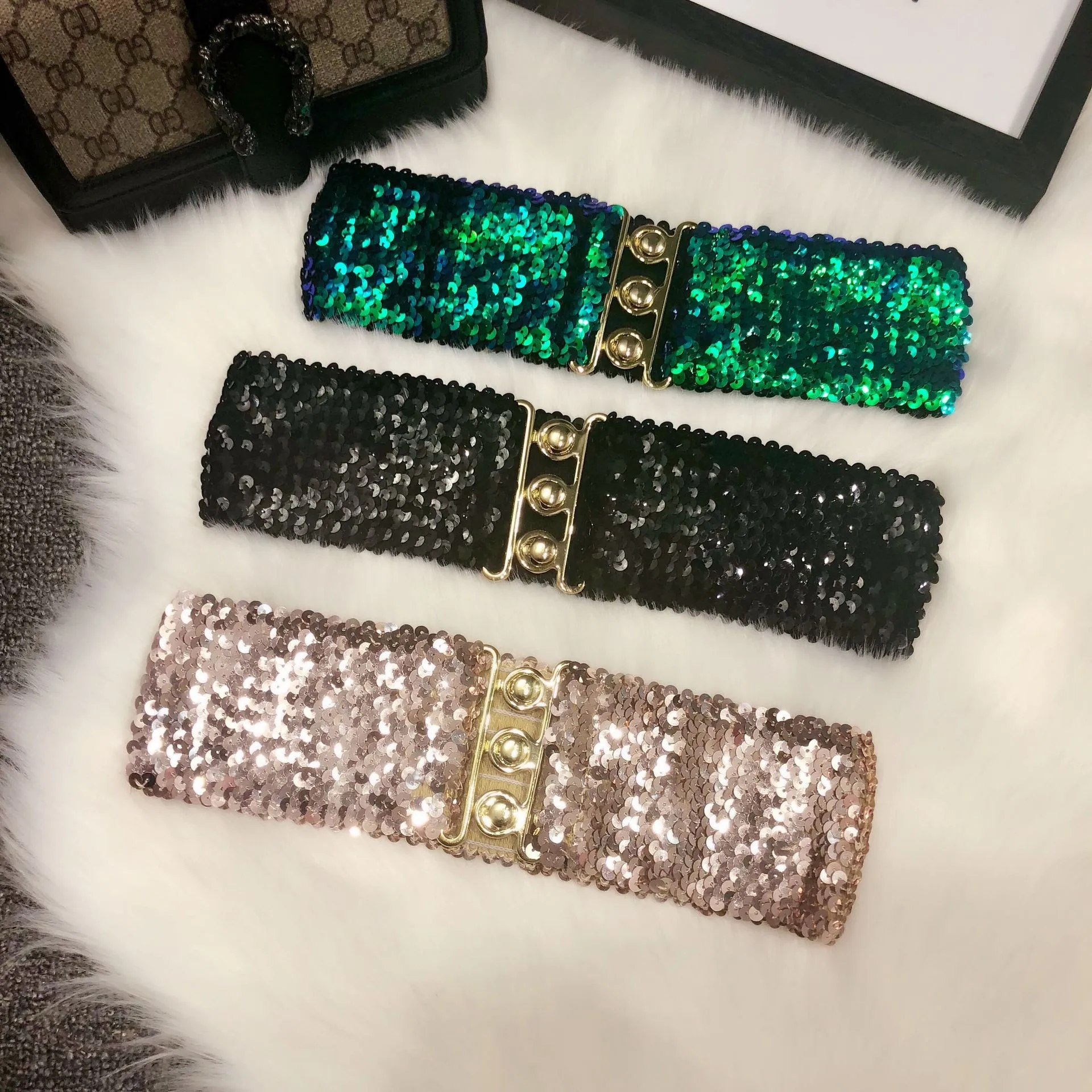 

Casual Elastic Black Sequin Metal Buckle Waist Belt Iridescent Green Corset Belt Gold Sequin Wide Waistband