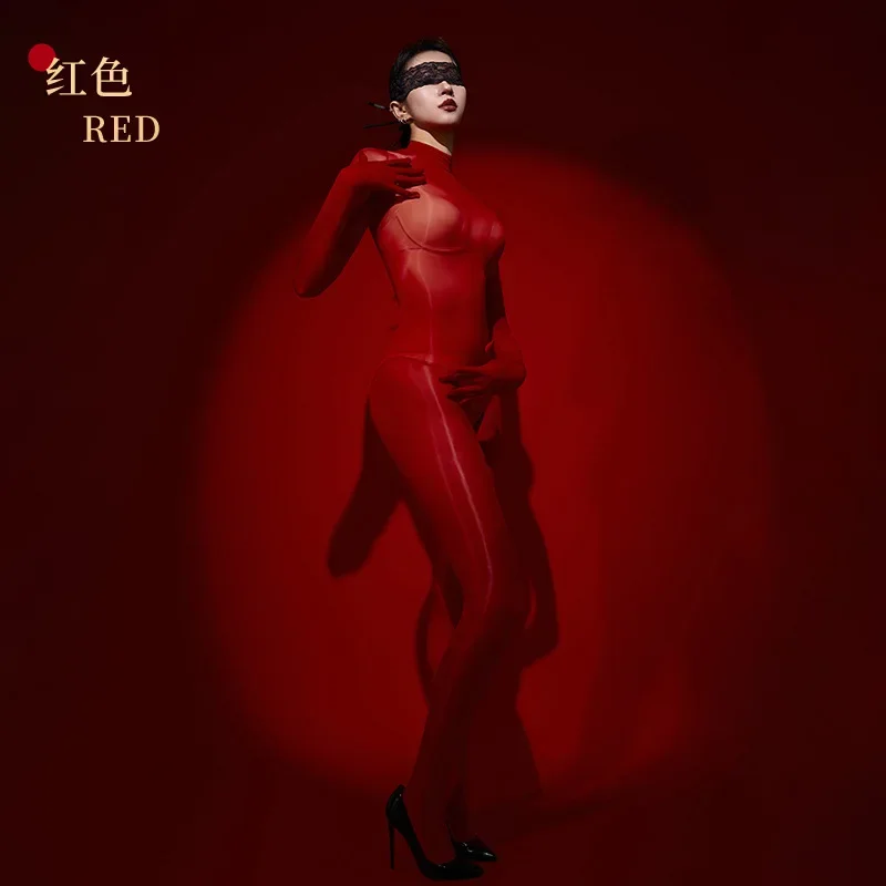 

Женские сексуальные 8D прозрачные масляные глянцевые чулки с длинными рукавами и перчатками, высокий воротник, молния сзади, открытые промежности, облегающие колготки