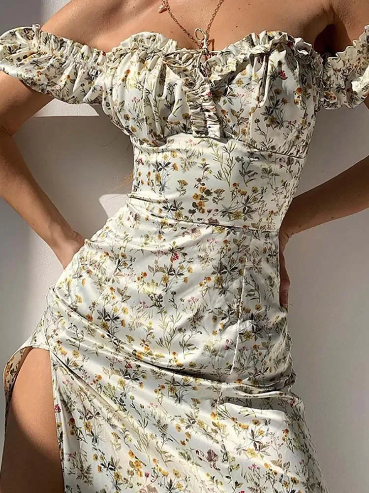 2024 Holiday Slash Neck Floral Print Split Beach Dress Women Summer Elegant Ruffles Party Long Dress Vestidos S~3XL