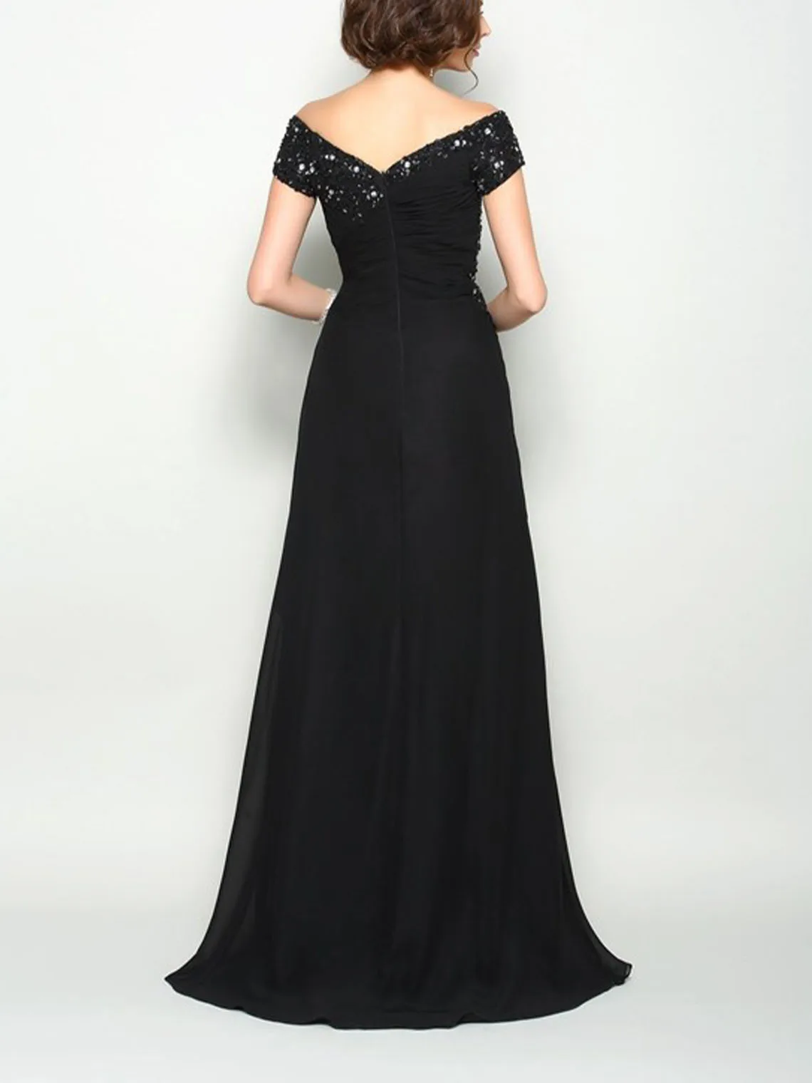 Elegant A-Line Evening Dress Off-the-Shoulder Chiffon Sequins Pleated Short Sleeves Sweep Train Prom Gown 2025 free customized