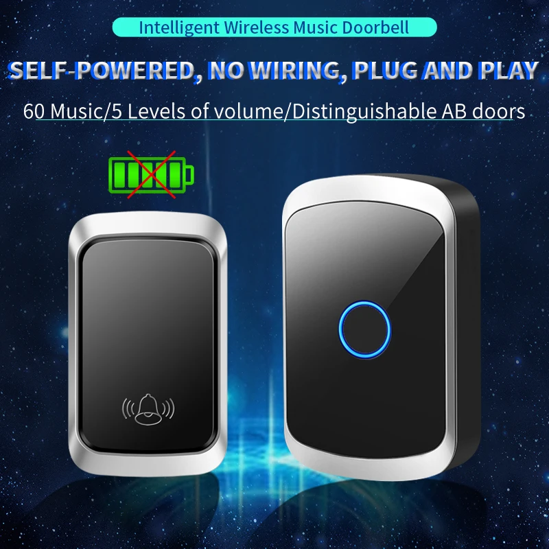 CACAZI Self-powered Wireless Doorbell Remote Control Without Battery Waterproof Button 60 Songs Door Chime US EU UK AU Plug New