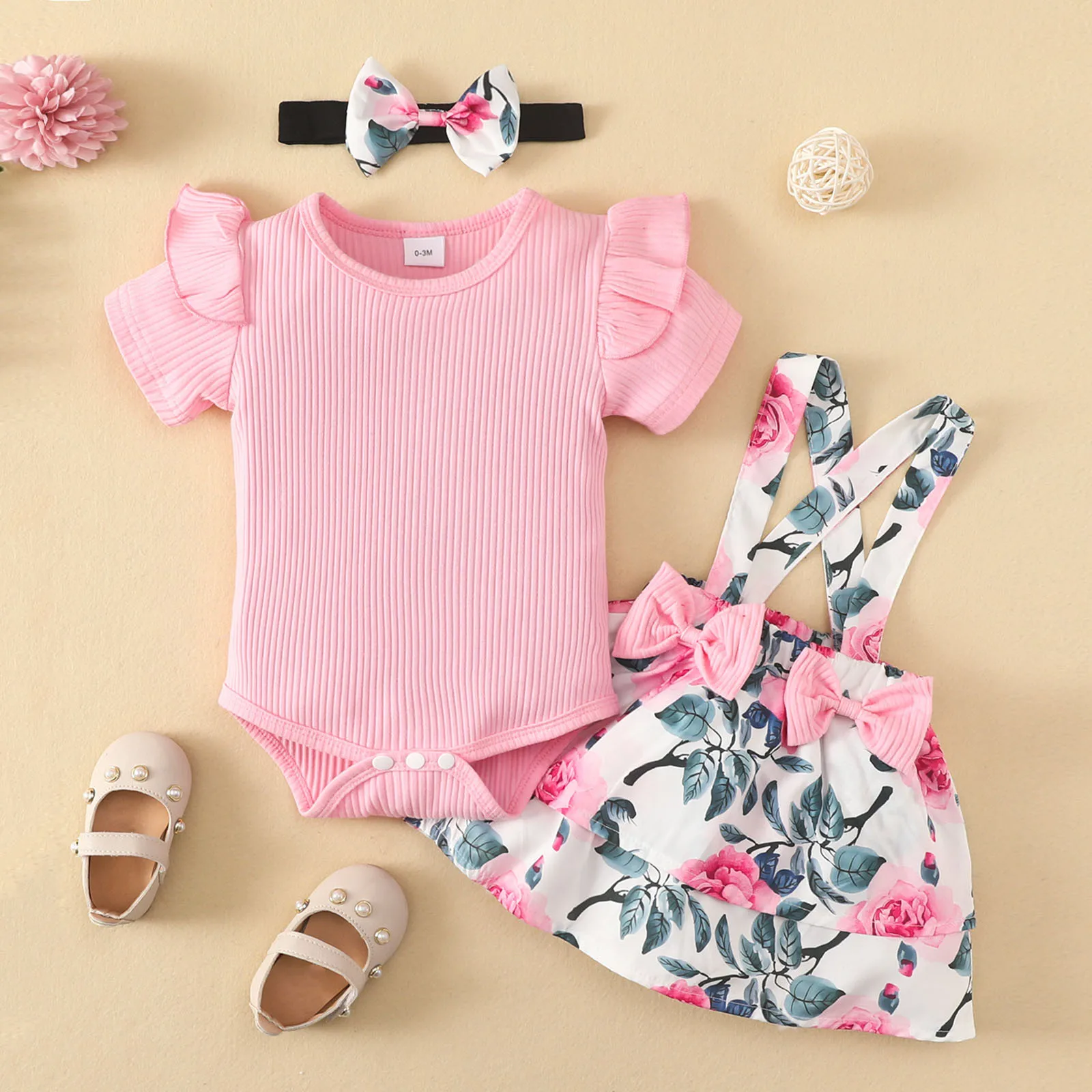 

3Pcs Summer Newborn Baby Girl Clothes Set Short Sleeve Ruffle Romper Tops Floral Print Suspenders Skirts Headband Infant Outfits