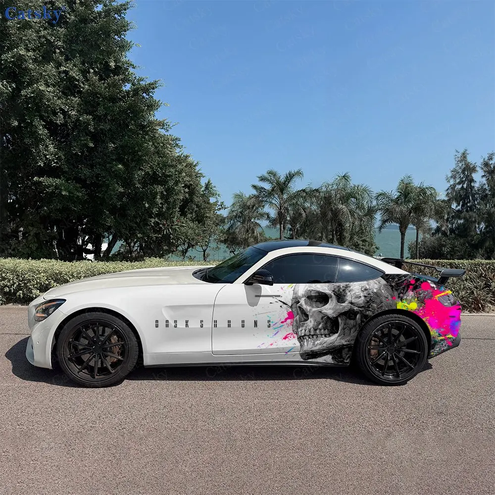 2pcs Graffiti Splatter Skull in Neon Car Side Wraps, Self-Adhesive PVC Waterproof & Scratch-Resistant Stickers, Car Accessory
