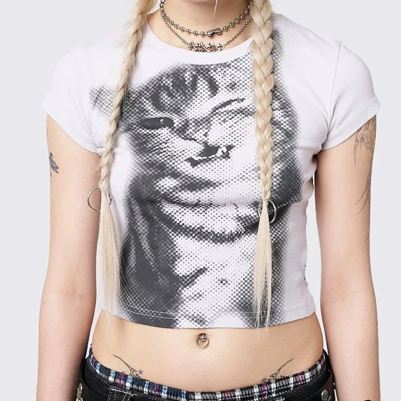 

Harajuku cat printed crop top white short sleeved round neck T-shirt for women y2k slim fit T-shirt for women