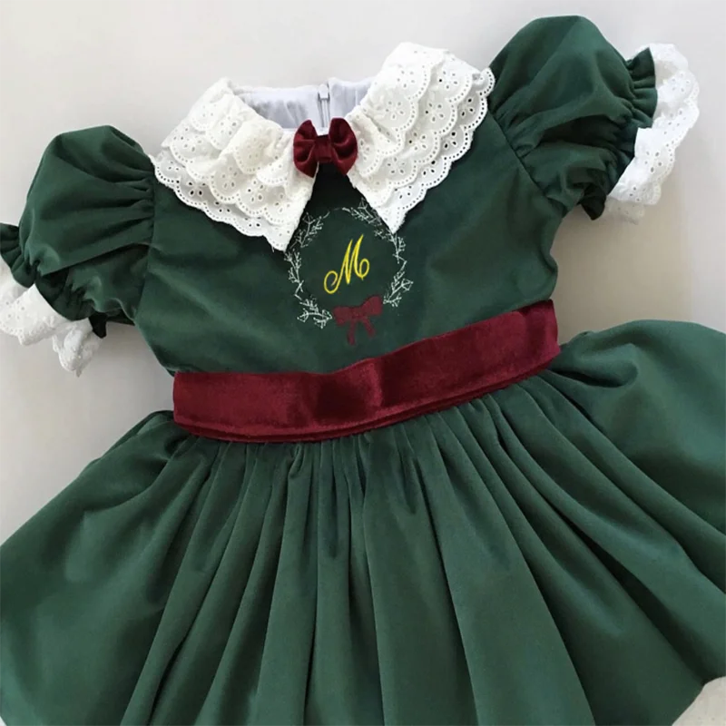 Baby Girl Autumn Winter Green Velvet Letter Embroidery Vintage Turkish Princess Dress for Birthday Photography Christmas Holiday