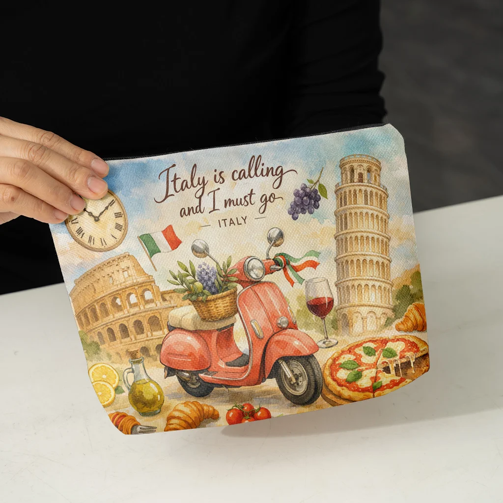 Kosmetiktasche 1 Stück, Italien-Reise-Themen-Leinen-Kosmetiktasche, Leichte Kosmetiktasche mit Reißverschluss für Damen – Detail 4